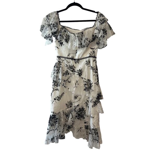 Marchesa Notte Off Shoulder Floral Lace Tiered Dress Size 4 - Picture 5 of 12